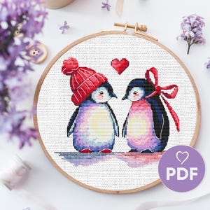 Valentine&#39;s Day Penguins X-Stitch, Romantic Embroidery Design, Cute Animals X-Stitch, DIY Love-Themed Gift for Beloved, Cross Stitch Pattern