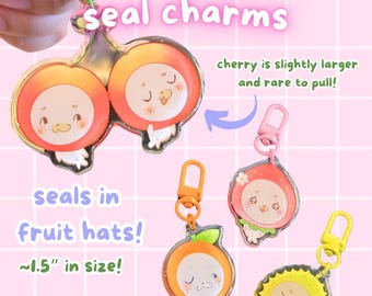 May include: A collection of colorful seal charms in fruit hats. The charms are approximately 1.5 inches in size and feature cute seal characters in cherry, peach, orange, and sun-shaped fruit designs. The text says "seal charms" and "seals in fruit hats!"