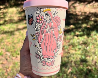 Virgencita cup, ceramic cup, coffee cup, talavera cup, Mexican cup, pink cup.