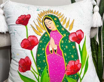 Virgin Mary pillow cover,hand painted pillow cover, handmade cushion cover,hand painted, pillow covers,Mexican art,home decor, cushion cover