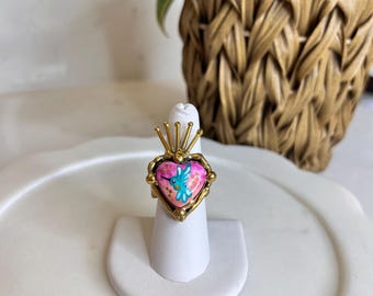 Hummingbird ring,sacred heart ring, Mexican ring, hummingbird ring, handmade jewelry,artisan jewelry, Mexican jewelry, hand painted, hand made