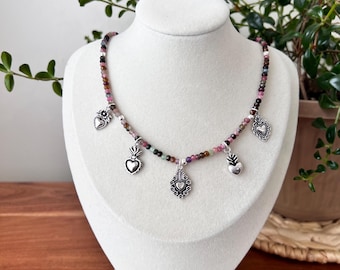 Silver jewelry, silver necklace, sacred hearts necklace, collar silver, necklace silver, artisan jewelry, Mexican jewelry, Joyeria de plata,