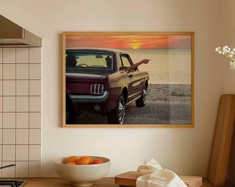 Vintage Ford Mustang Shelby, Sunset Beach, Photography Print, Retro Car
