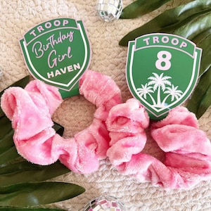May include: Pink scrunchies and green and white badge-shaped stickers. One sticker says "TROOP Birthday Girl HAVEN" and the other says "TROOP 8" with palm trees. The scrunchies are made of a soft, plush material.