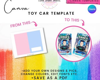 Canva Party Favor Templates - TOY CAR Template - Race Car Party - Two Fast Favors - Pink Sugar Shoppe - Canva Templates - Design Included