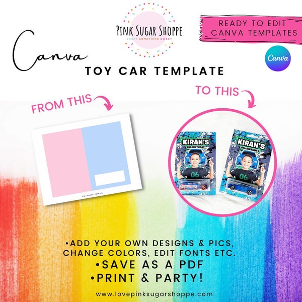 Canva Party Favor Templates - TOY CAR Template - Race Car Party - Two Fast Favors - Pink Sugar Shoppe - Canva Templates - Design Included