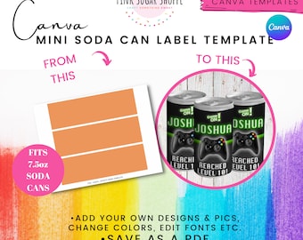 Canva Party Favor Templates - Mini Soda Can Label Template - Soda Favors - Pink Sugar Shoppe - Canva Templates - Design Included