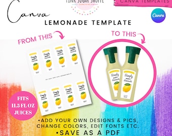 Canva Party Favor Templates - Lemonade Label Template - Lemon Party - Lemon Favors - Pink Sugar Shoppe - Canva Templates -Design Included