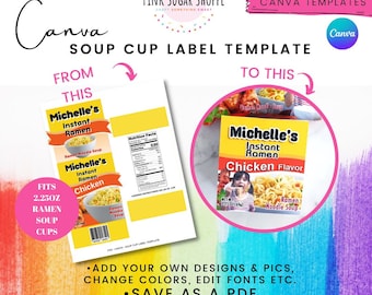 Canva Party Favor Templates - RAMEN Soup Cup Label Template - Homecoming - Gag Gift Favors - Canva Templates - Design Included