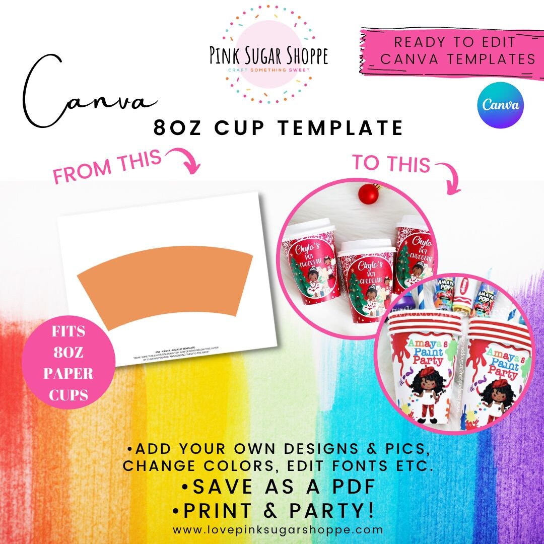 Canva Party Favor Templates 8oz Cup Template Cup Wrap Cup Label pink Canva Party Favor Templates 8oz Cup Template Cup Wrap Cup Label pink