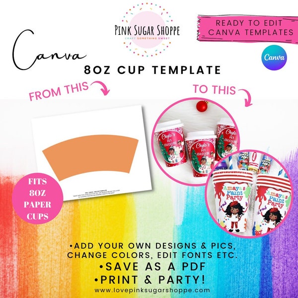 Canva Party Favor Templates - 8oz Cup Template - Cup Wrap - Cup Label -Pink Sugar Shoppe - Canva Templates - Design Included