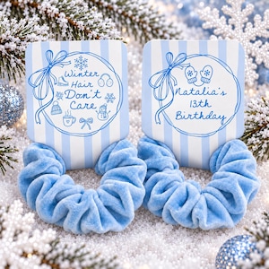 May include: Two light blue velvet hair scrunchies attached to square display cards with blue striped patterns. One card features the text "Winter Hair Don't Care" with winter icons, and the other says "Natalia's 13th Birthday" with mittens.