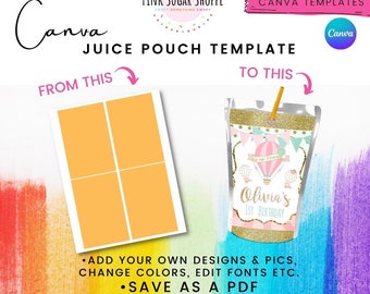 Canva Party Favor Templates - Juice Pouch Label Templates - Pink Sugar Shoppe - Canva Templates