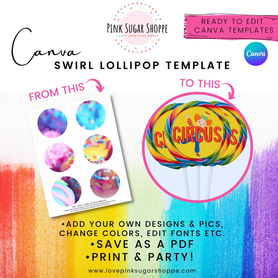 Canva Party Favor Templates LOLLIPOP Template Custom Swirl Lollipop