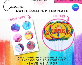 Canva Party Favor Templates - LOLLIPOP Template - Custom Swirl Lollipop Label - Pink Sugar Shoppe - Canva Templates