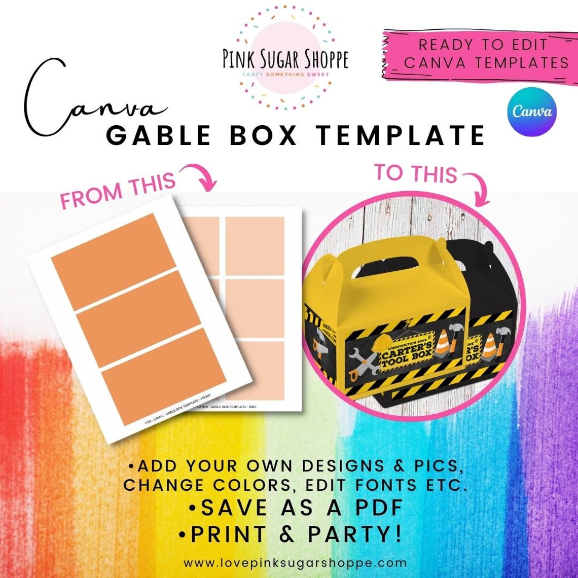 Canva party favor templates gable box templates pink sugar etsy