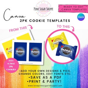 Canva Party Favor Templates - 2PK COOKIES Templates - Vanilla Chocolate Sandwich Cookies - Pink Sugar - Canva Templates -Design Included