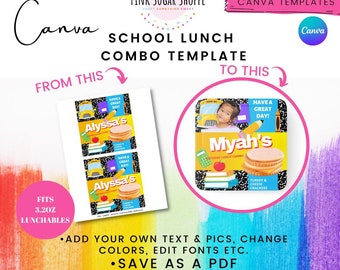 Canva Party Favor Templates - SCHOOL Lunch Combo Templates - Lunch Snacks Favors - Pink Sugar Shoppe - Canva Templates - Design Included