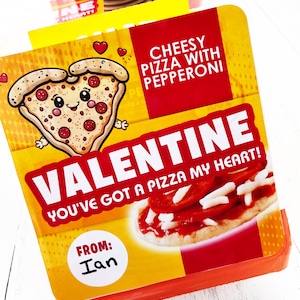 May include: A Valentine's Day card with a pizza theme. The card features a cartoon pizza slice with a smiling face and the text "VALENTINE YOU'VE GOT A PIZZA MY HEART!" The card is yellow and red with the words "CHEESY PIZZA WITH PEPPERONI".