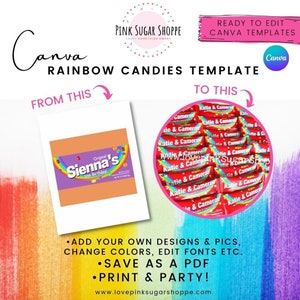 Rainbow Candies Template - Canva Party Favor Templates - Canva Candy Templates -  Pink Sugar Shoppe - Canva Templates - Design Included