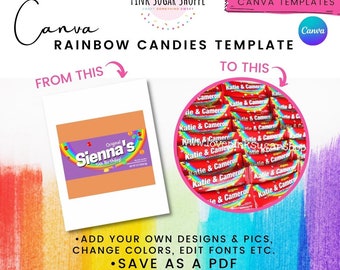 Rainbow Candies Template - Canva Party Favor Templates - Canva Candy Templates -  Pink Sugar Shoppe - Canva Templates - Design Included
