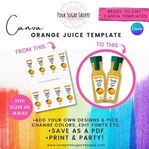 Canva Party Favor Templates - Orange Juice Label Template - Little Cutie Favors - Pink Sugar Shoppe - Canva Templates - Design Included