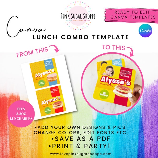 Canva Party Favor Templates - Lunch Combo Templates - Lunch Snacks Favors - Pink Sugar Shoppe - Canva Templates - Design Included