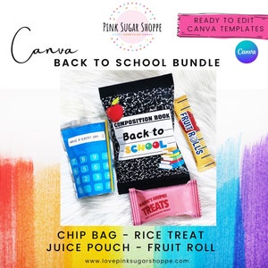 Etichette per il pranzo &quot;RITORNO A SCUOLA&quot; - Modelli Canva - Sacchetto per patatine - Sacchetto per succo - Bomboniere per snack e pranzo - Pink Sugar Shoppe - Design incluso