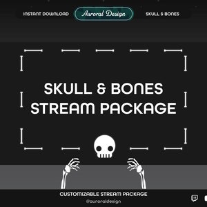 May include: Black and white graphic design with a skull and bones theme. The text "SKULL & BONES STREAM PACKAGE" is displayed in a white sans-serif font. The graphic design is framed with a white border.