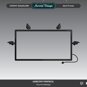 May include: A black webcam frame with devil horns, bat wings, and a tail. The frame has the text "Auroral Design" and "Devil Frame" at the top. The bottom of the frame has the text "Webcam Frame(s)" and the @auroraldesign username.