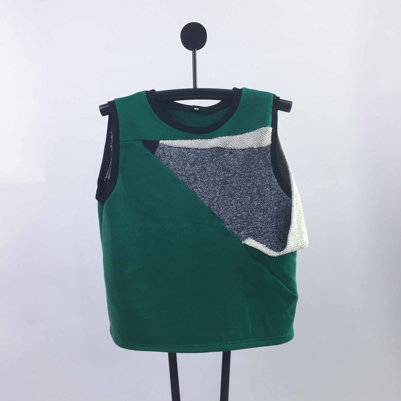 Eco Handmade Close Fitting Sleeveless Origami Mouse Sweatshirt Made made from reclaimed materials Green/Denim/Beige