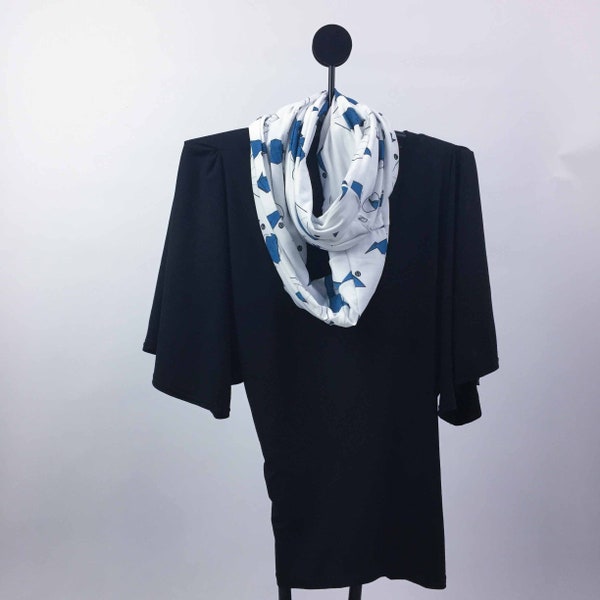 One of a Kind Cute White and Blue Patchwork Origami Mouse Print Jersey Infinity Scarf