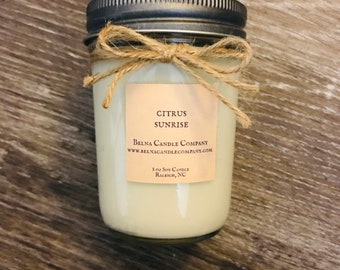 Citrus Sunrise Soy Hand Poured Candle-farmhouse decor-kitchen decor-8oz mason jar candle, birthday gift, gift for women, Vegan Candle