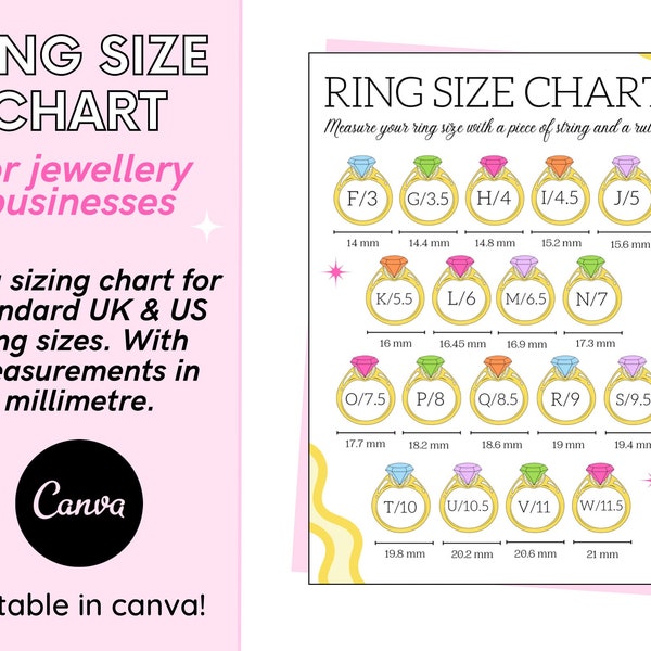 Jewellery ring size chart, ring size template, jewellery business digital download, ring sized chart, international ring chart