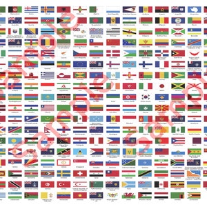 May include: A collection of various national flags arranged in a grid. Each flag displays unique colors and designs, representing countries from around the world. The flags are rectangular and feature diverse patterns, symbols, and color schemes.
