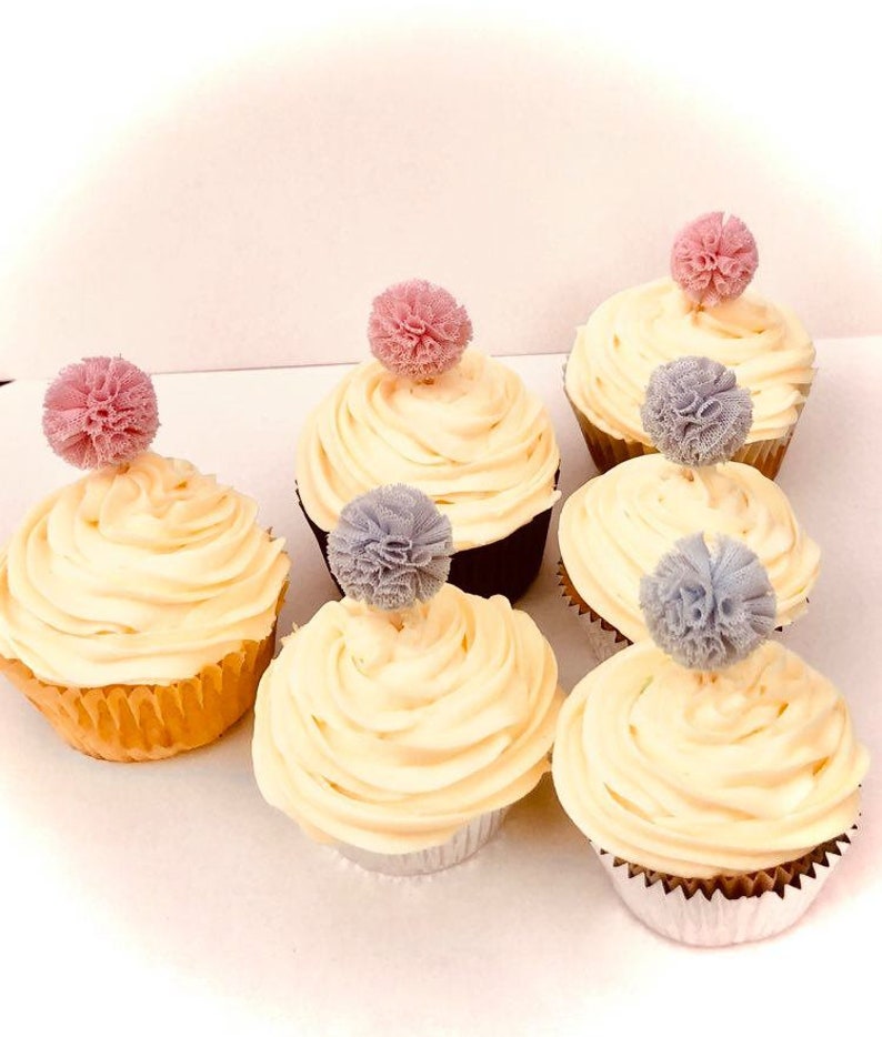 choose your color Blue or Pink 5 Gauze pom poms Party Decoration Cupcake Toppers
