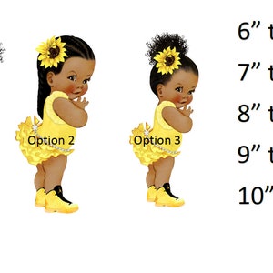 May include: Three images of a baby girl with brown skin, black hair, and a yellow dress with a sunflower on her head. The baby girl is wearing yellow shoes. The images are labeled "Option 1", "Option 2", and "Option 3". The text "6" tall", "7" tall", "8" tall", "9" tall", and "10" tall" is also visible in the image.