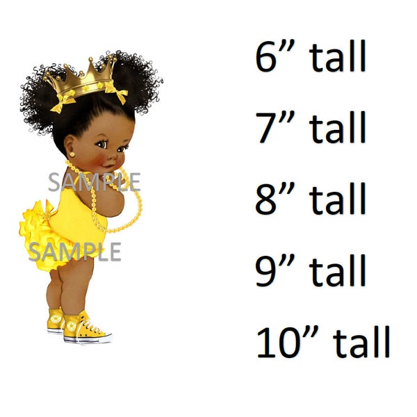 Ruffle Pants Curly Puffs Yellow Sneakers Gold Crown Pearls African American Girl  baby shower Icing Sheet cake decoration Cupcake Toppers