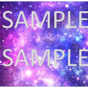 May include: A digital art piece featuring a vibrant galaxy with shades of purple, pink, and blue. The word "SAMPLE" is displayed twice in a light gray font across the image, creating a celestial and artistic design.