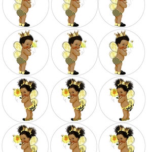 May include: Nine round white stickers with a cartoon image of a baby dressed as a bee. The baby is wearing a yellow and black striped diaper, a crown, and bee wings. The baby is holding a yellow flower.