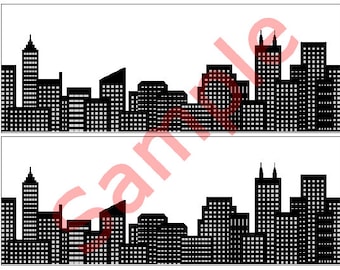 Black and White Edible skyline strips for cakes comic book Birthday Bat Cake Wrap 4"x10.5" (2 strips)