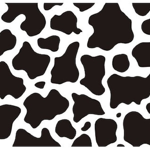 May include: Black and white cow print pattern. The pattern is made up of irregular shaped black spots on a white background.