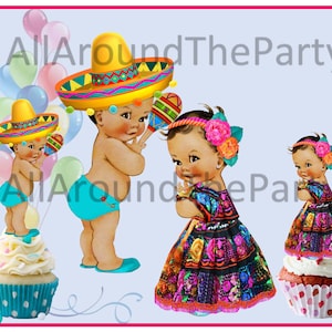 Mexican Fiesta Sombrero Embroidered dress Girl Baby Shower CUTOUTS  Cupcake Toppers Gender Reveal Party Babies Centerpieces Party Decor
