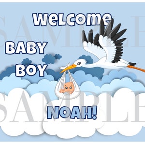 Baby Shower Welcome baby it&#39;s a boy stork Blue Sky Clouds Edible Cake Topper Edible Cake Wrap cake stripes  High Quality Icing sheet