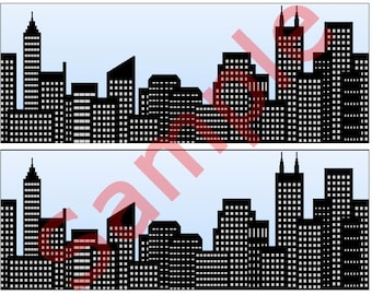 Edible City skyline Blue Sky strips for cakes comic book Birthday Bat Cake Wrap  Blue Background 4"x10.5" (2 strips)