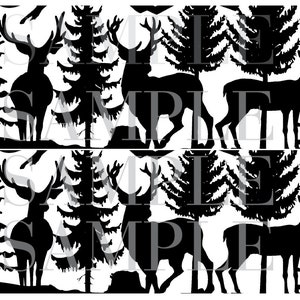May include: Black silhouette of a forest scene with deer and trees. The image features multiple deer with large antlers, interspersed with detailed pine trees. The design is a repeating pattern, suitable for various craft projects.