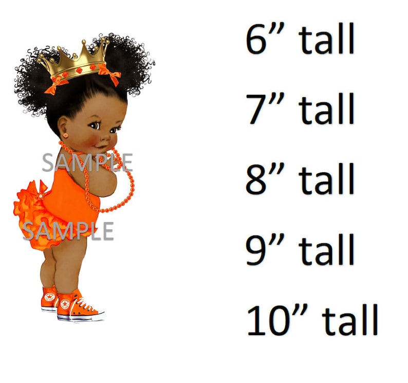 Ruffle Pants Curly Puffs Orange Sneakers Gold Crown Pearls African American Girl baby shower Icing Sheet cake decoration Cupcake Toppers