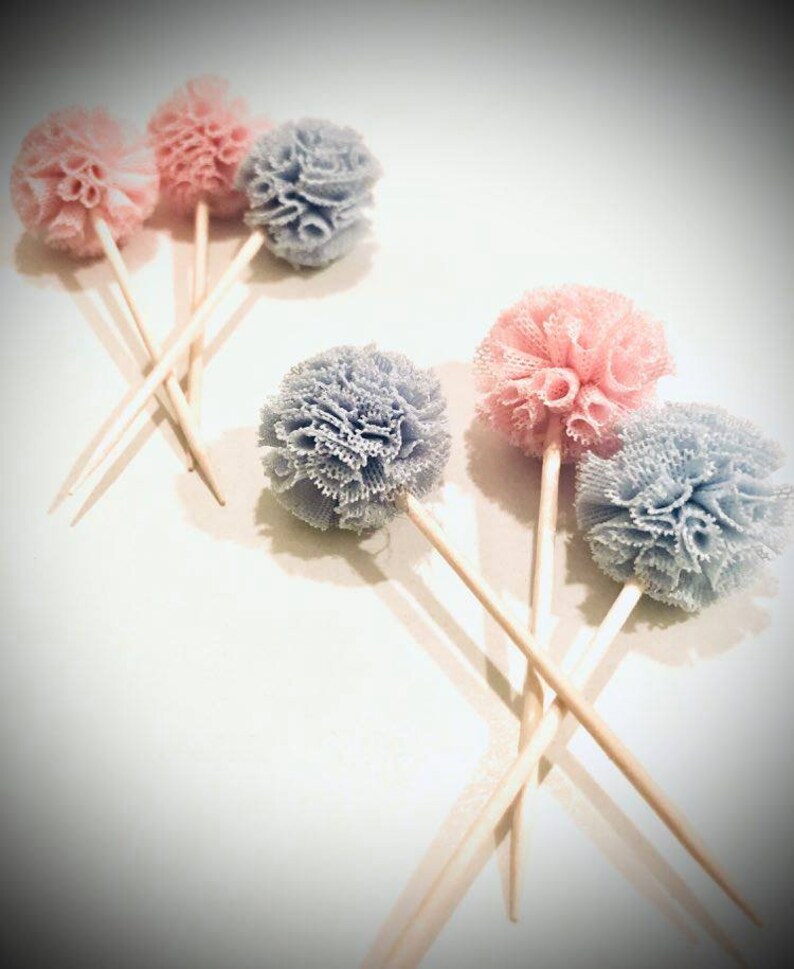 choose your color Blue or Pink 5 Gauze pom poms Party Decoration Cupcake Toppers