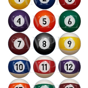 May include: A set of 15 billiard balls, each with a different number and color. The balls are arranged in three rows of five, with the numbers 1 through 15.