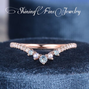 Dainty Pearl Wedding Band Rose Gold Aquamarine Bridal Ring Curved Wedding Ring Moissanite Matching Band Delicate Half Eternity April Ring